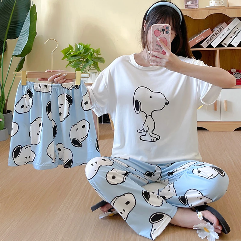 

2023 New Women's Snoopying Pajama Set Short Sleeves + Shorts + Pants Three Piece Kawaii Loose Casual Homewear Set