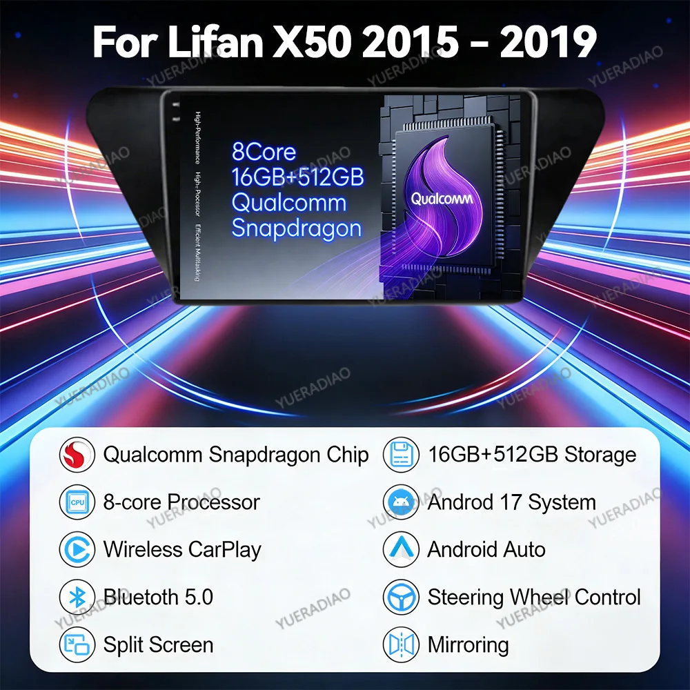 Фото Автомагнитола Android 17 для Lifan X50 2015-2019 с Bluetooth, процессором Qualcomm, QLED-дисплеем, GPS-навигацией, мультимедийным видеоплеером, 4G LTE, 5G Wi-Fi, 2DIN №1
