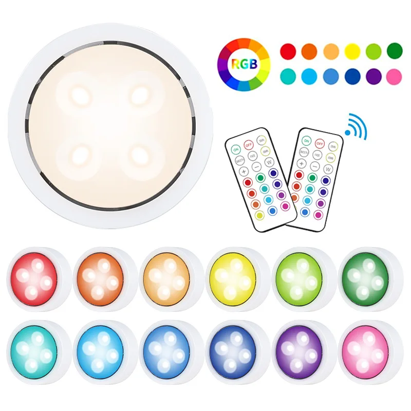 

13 Colors RGB LED Under Cabinet Light Battery Powered Dimmable Puck Lights with Remote Control for Bedroom Wardrobe Kitchen