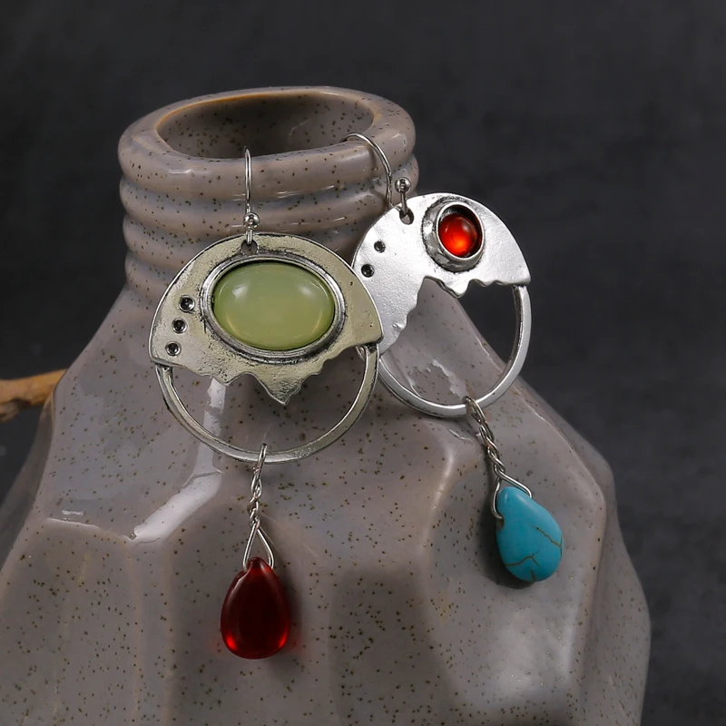 

Vintage National Style Irregular Geometric Appearance With Ruby Turquoise Pendant Long Lady Earrings