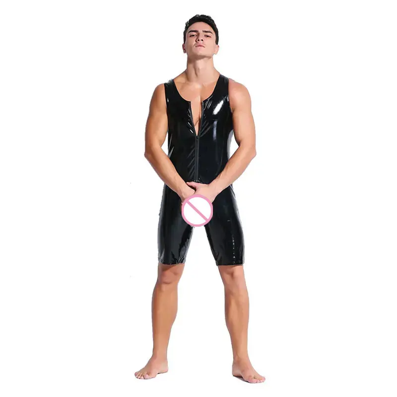 

Men Sexy Lingerie Faux Leather Jumpsuits Zipper Open Crotch PVC Catsuit Stretch Bodystocking Open Crotch Erotic Latex Catsuit