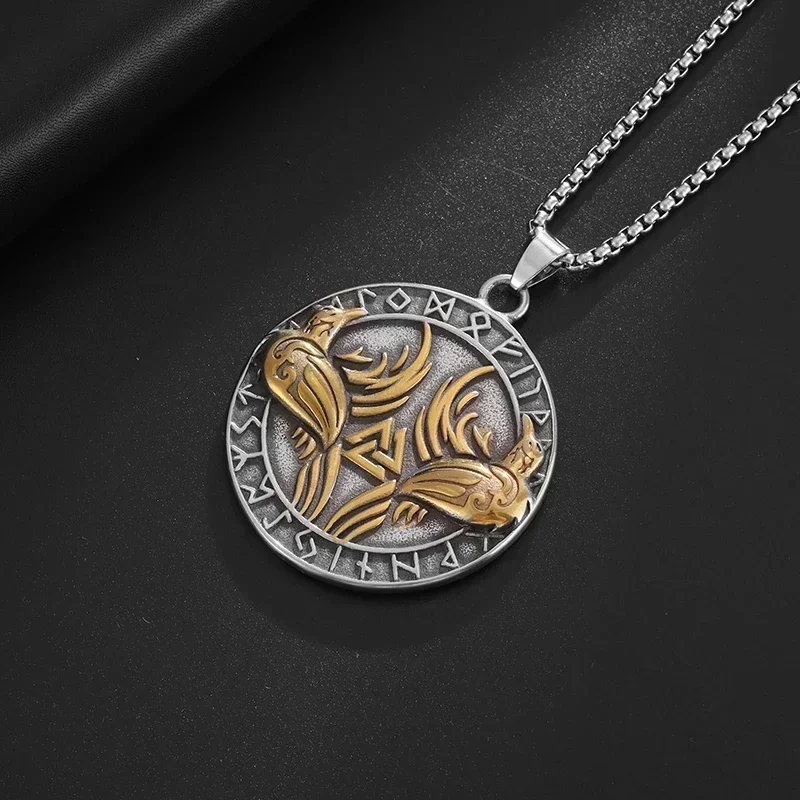 Retro Ethnic Style Nordic Viking Double Crow Triangle Rune Pendant Necklace Fashionable Men's Lucky Charm Jewelry