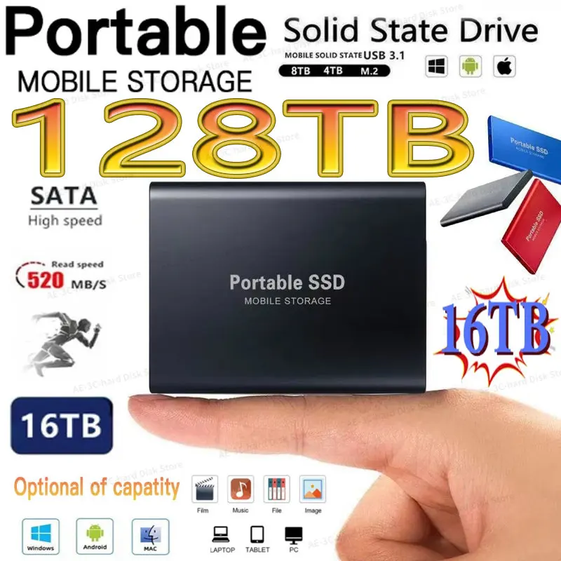 

Новинка 2023, портативный внешний жесткий диск SSD 64 ТБ, USB 3,1, высокоскоростные Внешние жесткие диски для ноутбуков/настольных компьютеров/Mac