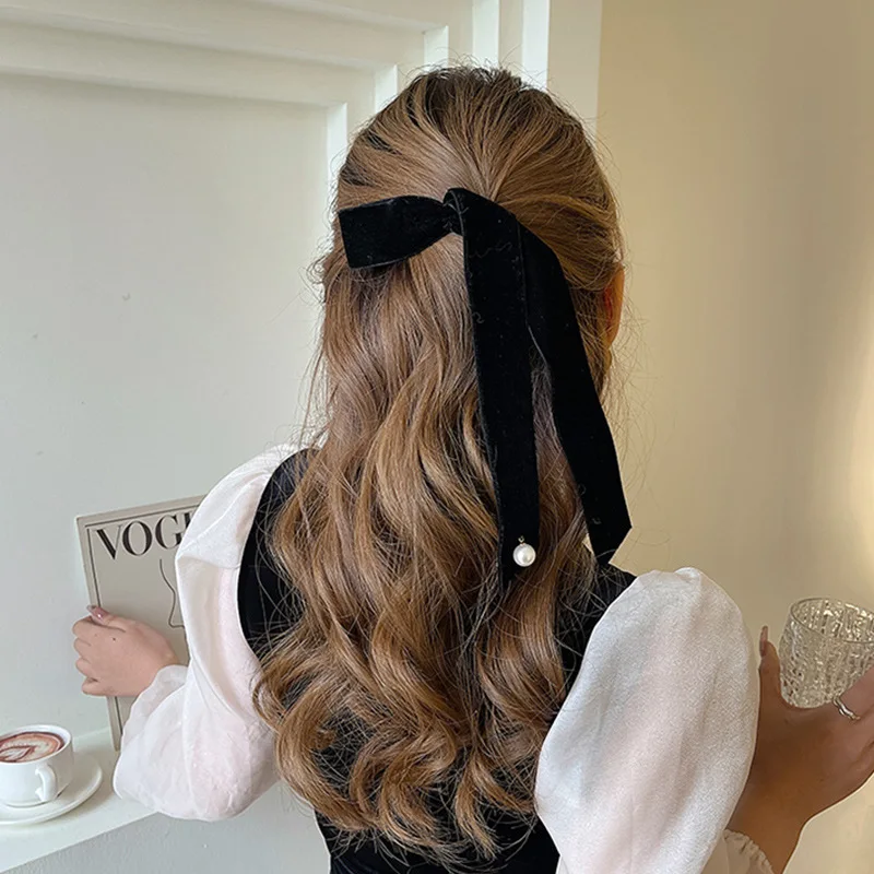 

Korean Small Fragrance Style Hairpin Velvet Long Ribbon Pearl Pendant Spring Clip Strap Hairpin Grip Hairpin Hairpin