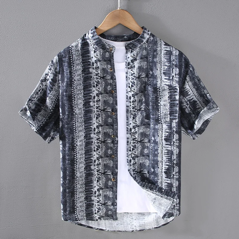 Chinese Styles Pure Linen Men's Standing Neck Short Sleeve Shirt Summer Vintage Full Print Loose Breathable Tops Blouses