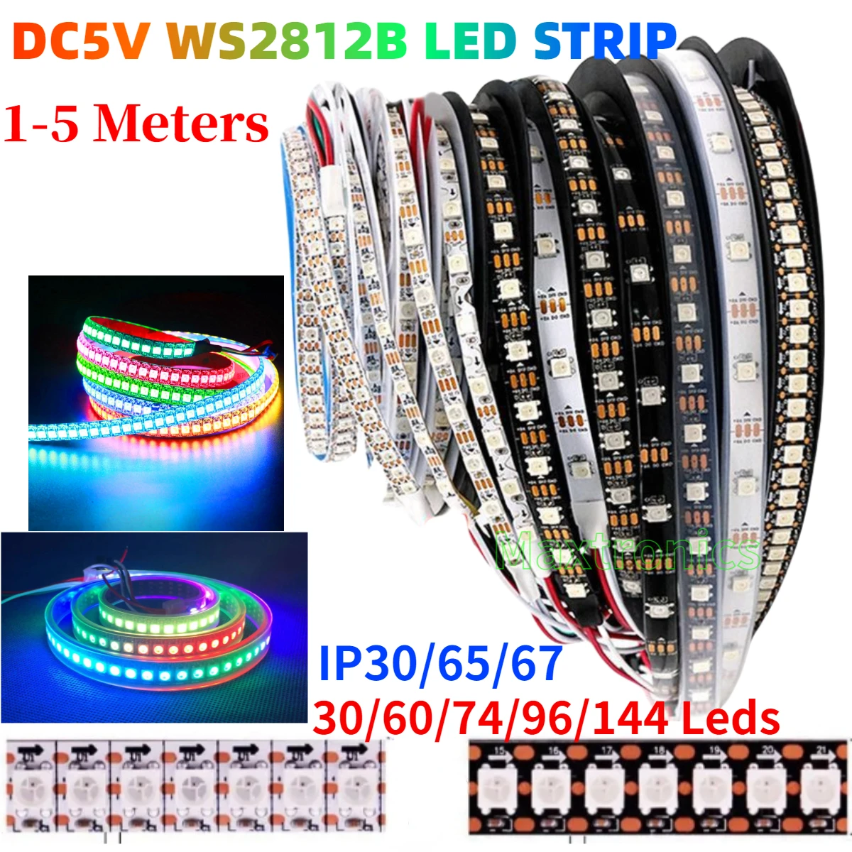 1-5 метров Smart DC5V WS2812B Светодиодная лента 30/60/74/96/144 светодиодов Черный/Белый PCB IP30/65/67