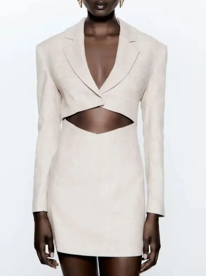 

Summer Women's Za White Suit Collar Suit Fabric Long Sleeves Revealing Navel Design Package Hip Short Dress Sexy Commuter
