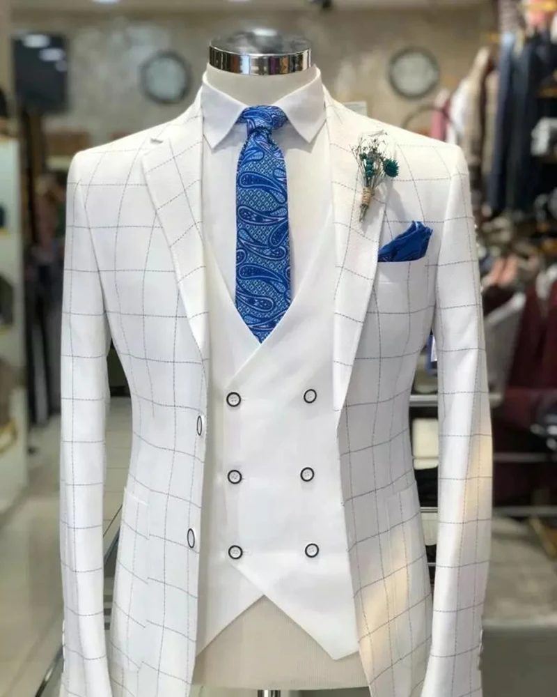White Men Suits Check Pattern Wedding Tuxedo Formal Wear Customized Handsome Party Suit Coat+Vest+White Pant
