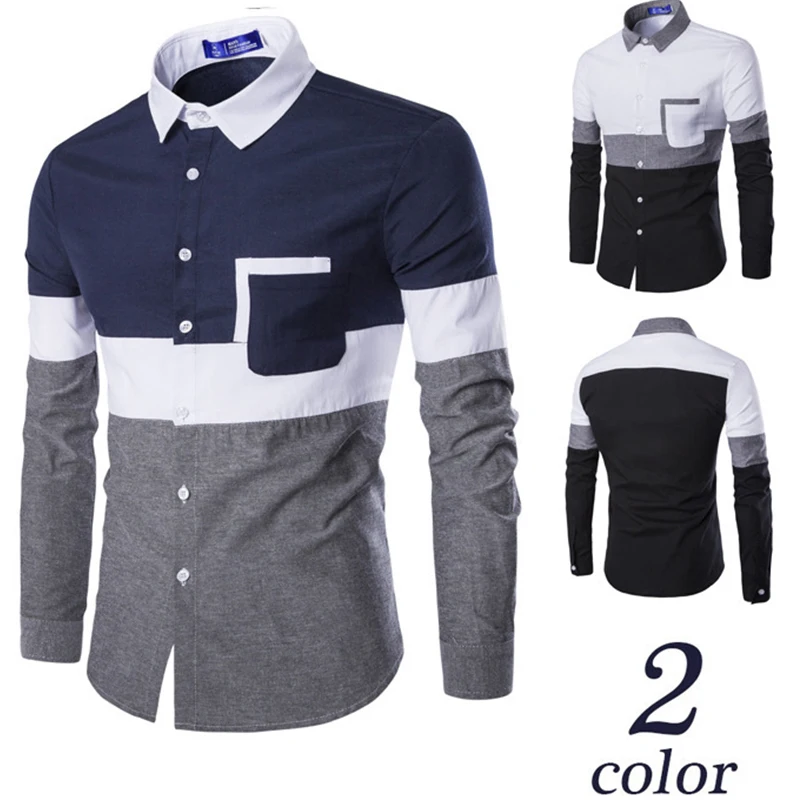 

LUCLESAM Men's Color Matching Shirt Oxford Patchwork Shirts New Fashion Korean Versatile Slim Shirt Non-Ironing for Man