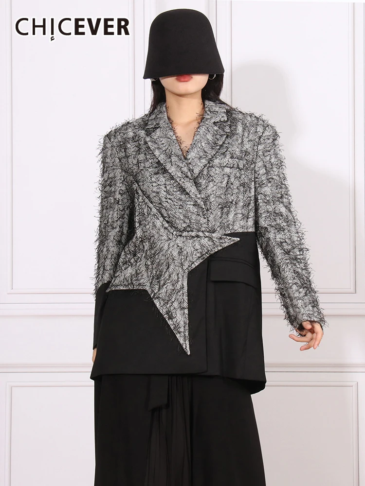 

CHICEVER винтажные Лоскутные блейзеры с кисточками для женщин Зубчатый воротник длинный рукав сплайсированные уличная одежда с карманом хит цвет Блейзер Женский