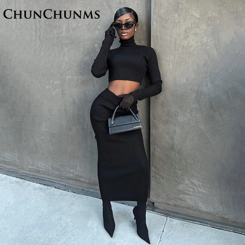 

Sexy Black Elegant Lady Long Sleeve Pullovers Pack Hip High Waist Skirt Two Piece Set Women Outfits Club Party Matching Suit