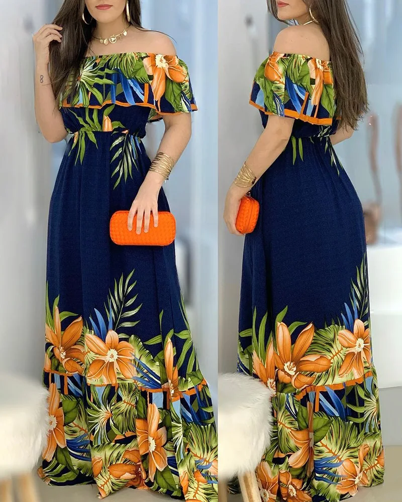 

Vintage Flower Sexy Off Shoulder High Waist Dress Women 2022 Summer Newhigh Waist Party Dress Elegant Lady Dresses
