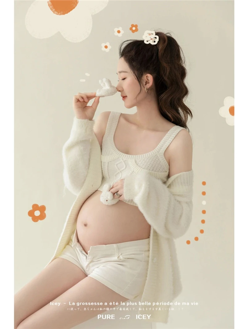 Women Photography Props Maternity Dresses Pregnancy Knit White Tank Top Shorts Sweater 3pcs Set Studio Photoshoot Clothes Korean enlarge
