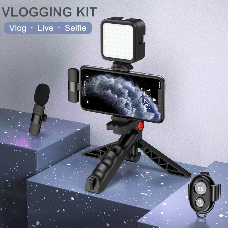 

MAMEN Vlogging Kit with Phone Tripod/Led Light/2.4G Wireless Lavalier Microphone for iPhone Android Smartphone Tablet SLR Camera