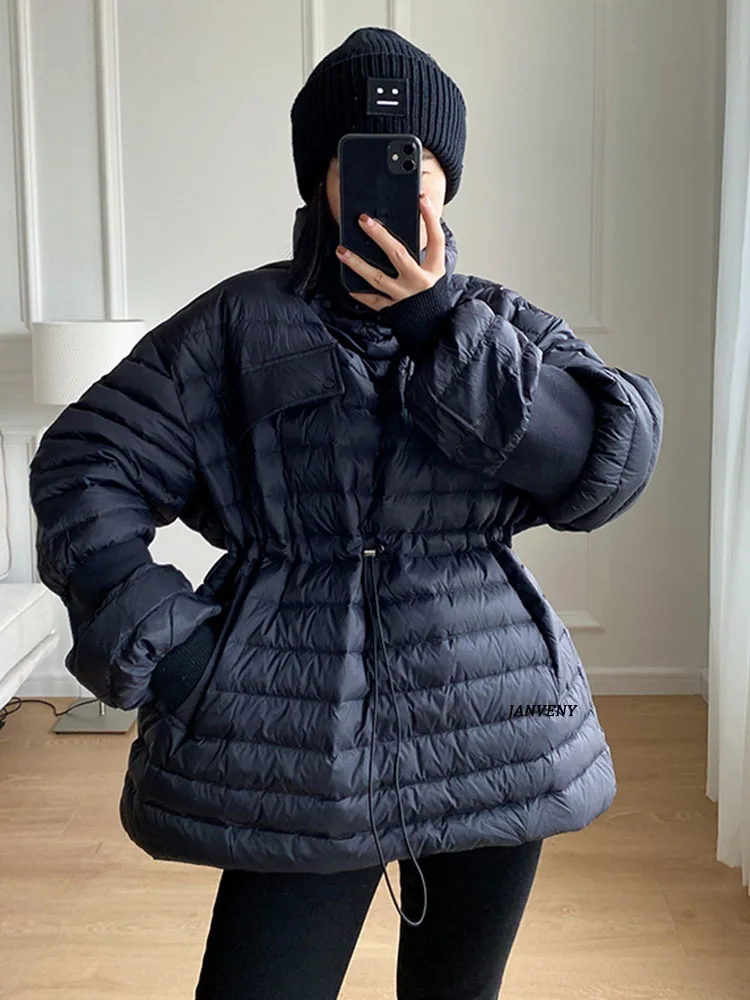 

Новинка 2022, модное зимнее теплое легкое пуховое пальто с перьями, Женская однотонная водолазка на шнурке, свободный короткий пуловер, пухов...