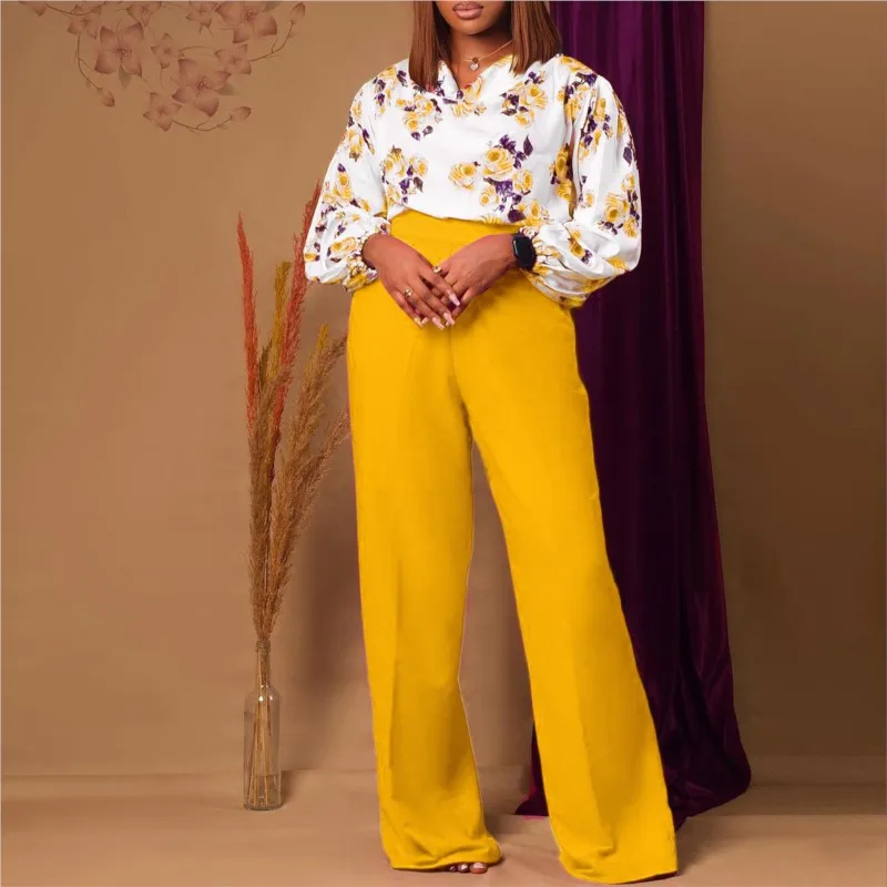 Женский комплект из двух предметов однотонный топ с принтом и штаны весна-осень