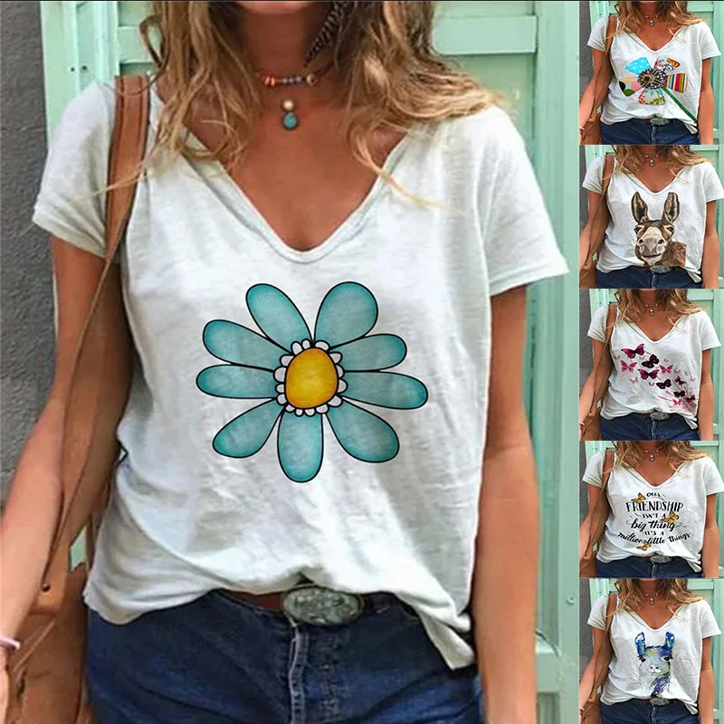 

Summer 2022 hot print short sleeve V-neck T-shirt in Europe and America
