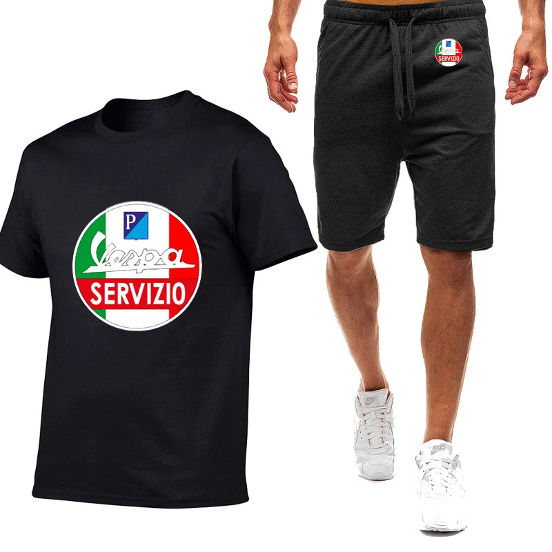 

2022 New Men's Vespa Printing Fashion Solid Short Sleeve Comfortable T-Shirt High Quality Cotton Leisure Sweatpants 2 Piece Set