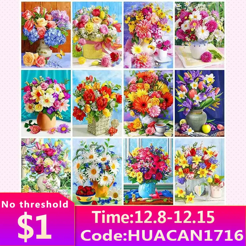 

HUACAN Flower Diamond Painting Rose Peony Full Diamond Mosaic Vase Embroidery Complete Kit Wall Decor Art 5D DIY