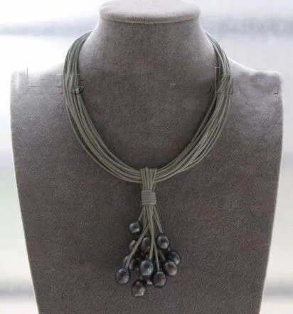 

Уникальный дизайн, AA, 15 рядов, 17 дюймов, 13 мм, черный рисовый жемчуг, серый, кожа, искусственная кожа, ювелирные изделия, очаровательный подаро...