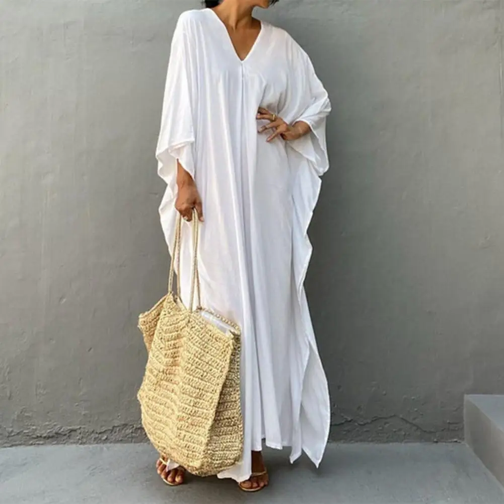 

V-neck 3/4 Sleeve Swimsuit Cover Up All-matched Large Hem Solid Color Comfortable Bikini Cover-ups Dress for Swimming Pool 2022