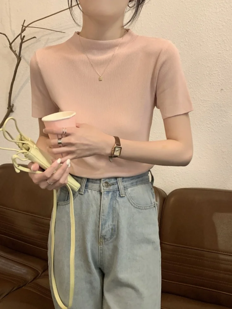 Новинка 2024 вязаная черная футболка с коротким рукавом из ледяного шелка Женский