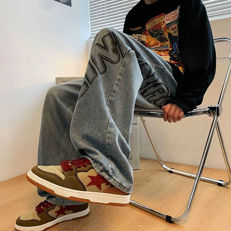 Men's Brown Y2K Clothes Printed Jeans Men Baggy Destroyed Jeans Denim Straight Trousers Wide Leg Pants Streetwear Y2K For Men