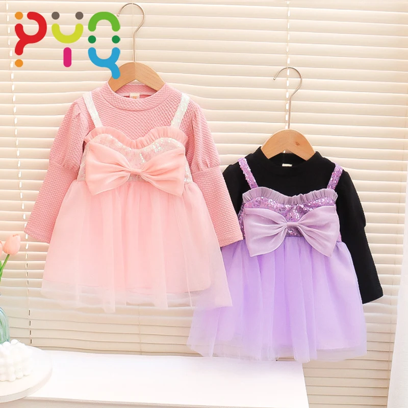 Baby Dress For Girls Fake 2piece Casual Dresses 2023 New Spring Autumn Sweet Kids Sequin Bow-kont Puffy Princess Dress 1-4 Years