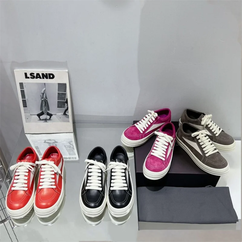Low-top skateboard shoes calfskin men's shoes 2023 new flat canvas shoes stitching lace-up leather casual shoes women flats