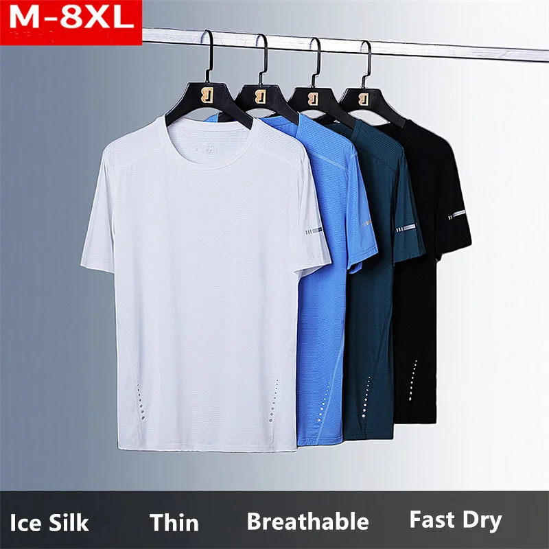 

Летняя спортивная футболка для мужчин, быстросохнущая дышащая футболка большого размера 8XL 7XL из ледяного шелка для бега, Мужская одежда для...