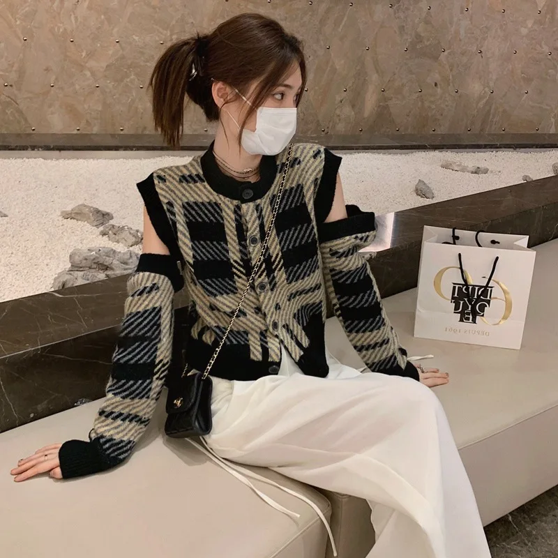 

Autumn New Outerwear Plaid Contrast Color Knitted Cardigan Women Soft Wind Soft Glutinous Sweater Coat