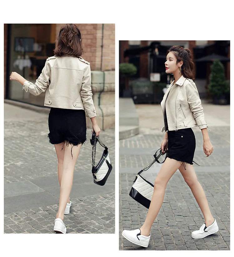 Ring zipper lapel leather coat 2023 women's short leather jacket showing thin coat