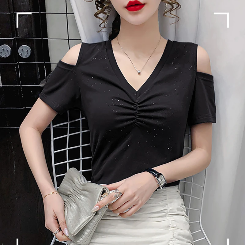 

Off Shouder Top Korean Fashion Cotton T Shirt Women Short Sleeve V Neck Slim Vintage Black T-shirt Summer Woman Tee Shirt Femme