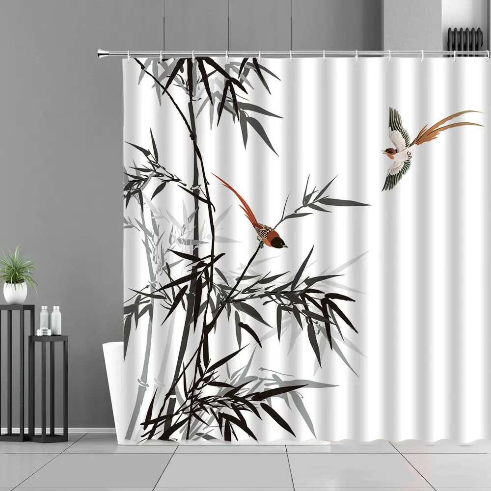 Pittura a inchiostro foglia di bambù uccello tenda da doccia paesaggio tenda da bagno impermeabile decorazione domestica cinese invia gancio