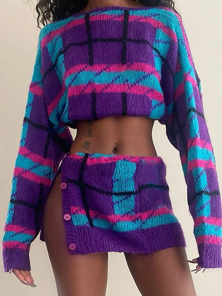 

Apprabant Knitted Skirt Set Sexy Contrast Turtleneck Neck Bandage Long Sleeve Top Slim Fit Side Slit Wraped Hip Half Skirt Suit