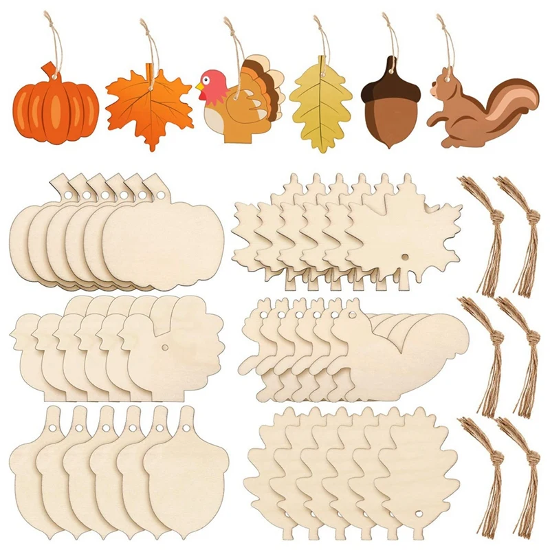 

36Pieces Thanksgiving Unfinished Wooden Ornaments Maple Leaves Pumpkin Wood Cutout Squirrel Acorn Blank, 6 Styles