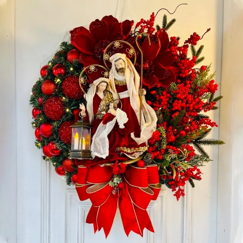 

2023 Sacred Christmas Wreath with Lights Artificial Hanging Ornaments Front Door Wall Decorations Merry Christmas Tree Wreath