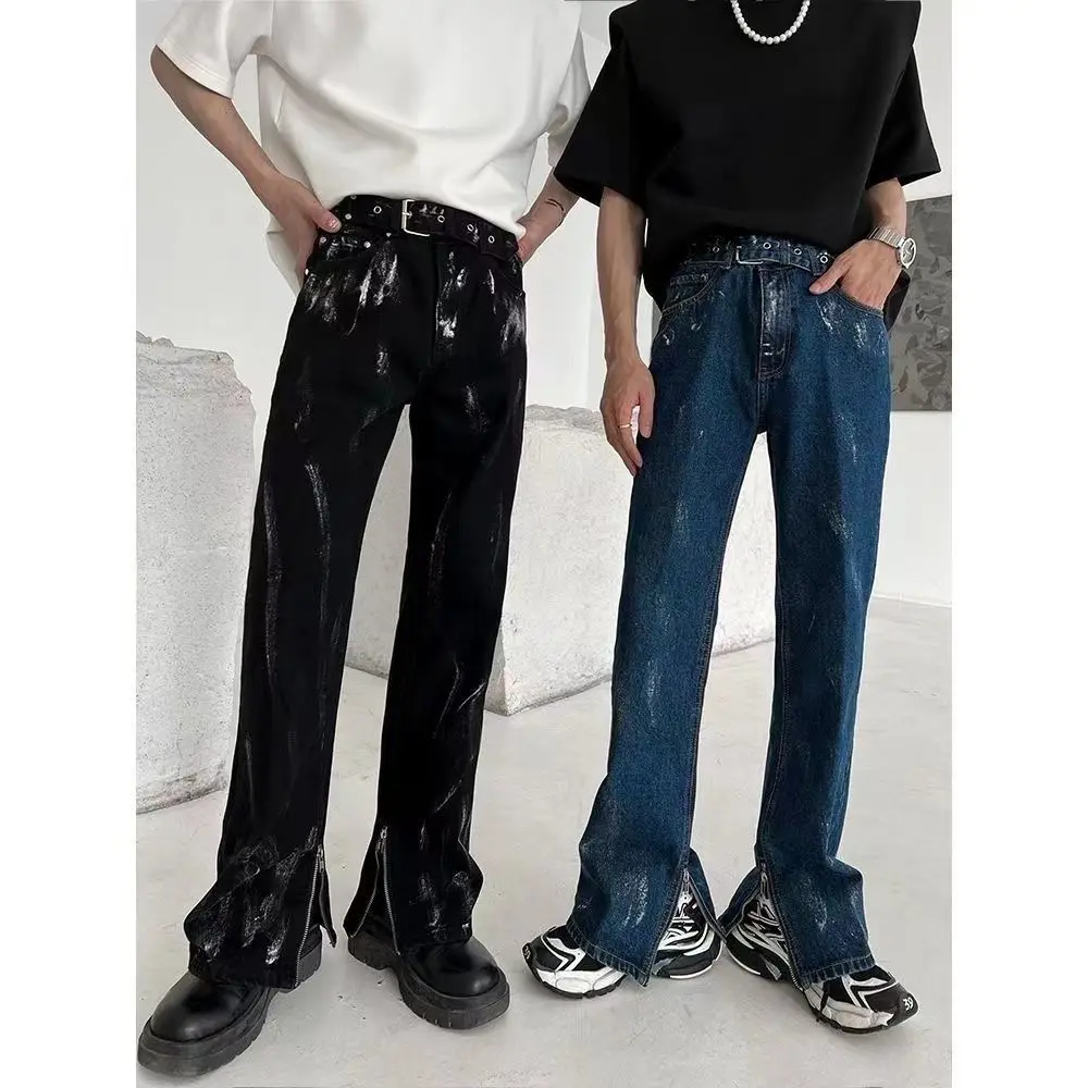 

European And American Style Trouser Leg Zipper Slit Jeans 2023 New Men's Clothes Flared Pants Straight Leg Pants Loose Mid Waist