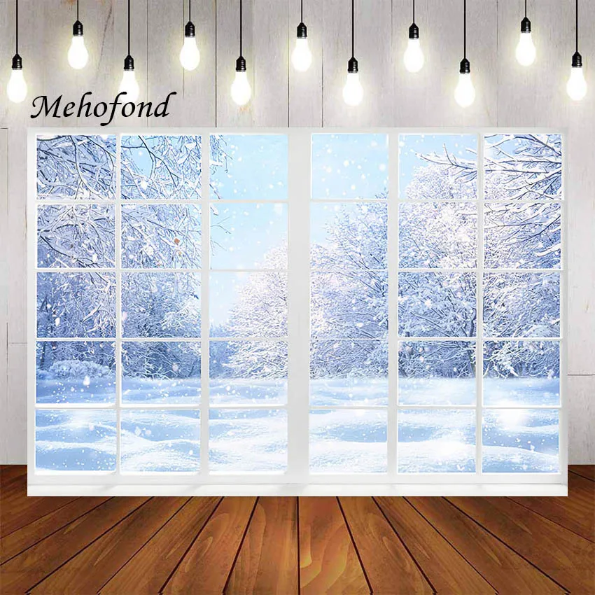 

Mehofond Photography Background Winter Snow Window Christmas Wonderland Trees Holiday Kids Portrait Decor Backdrop Photo Studio