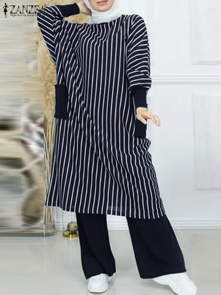

ZANZEA Bohemian Muslim Women Matching Sets Holiday Abaya Kaftan Dubai Pant Long Sleeve O-Neck Full Sleeve Stripe Printed Blouse