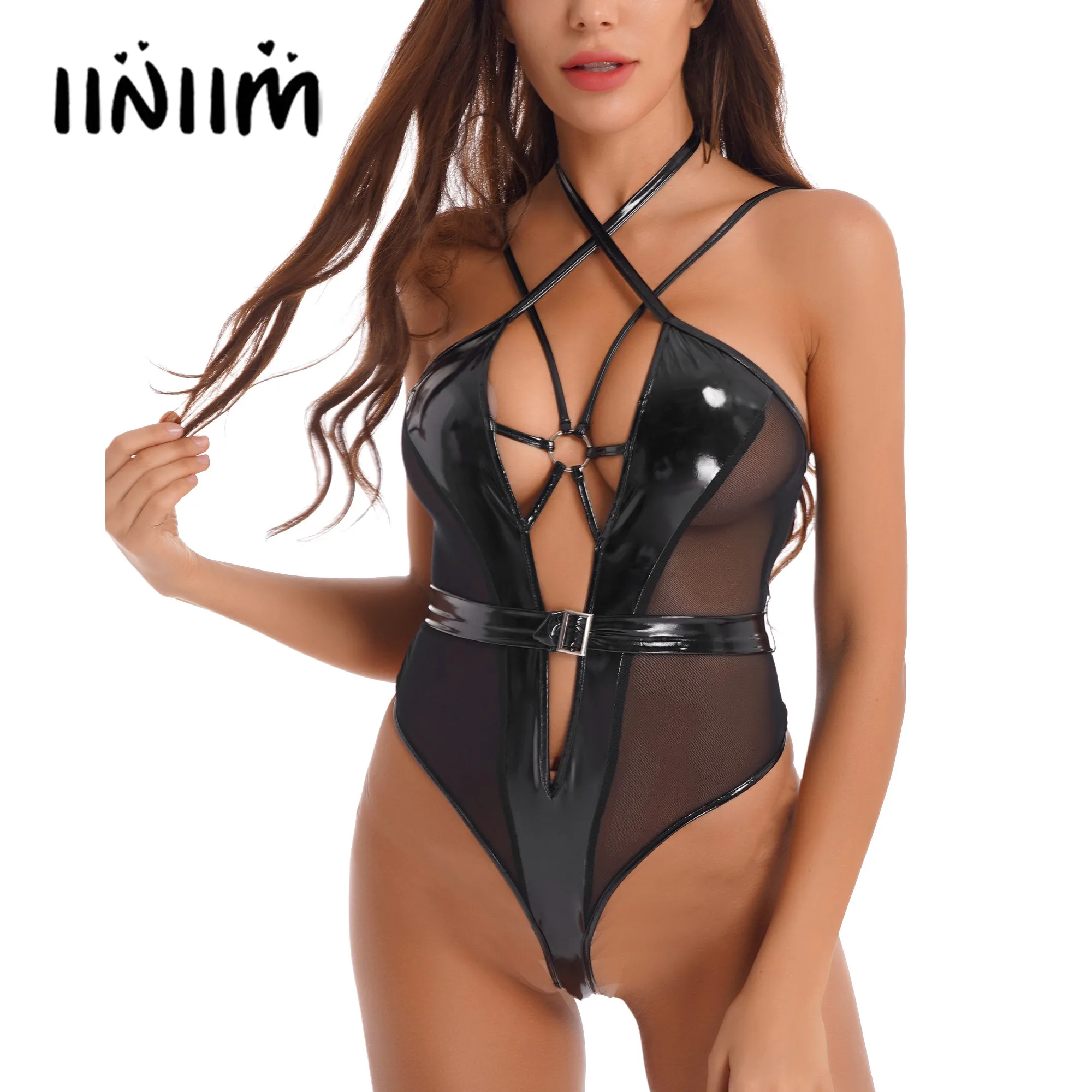 

Sexy Womens Lingerie Wet Look Patent Leather Belted Bodysuit Crisscross Deep V Bodysuit Sheer Mesh Patchwork Catsuit Clubwear