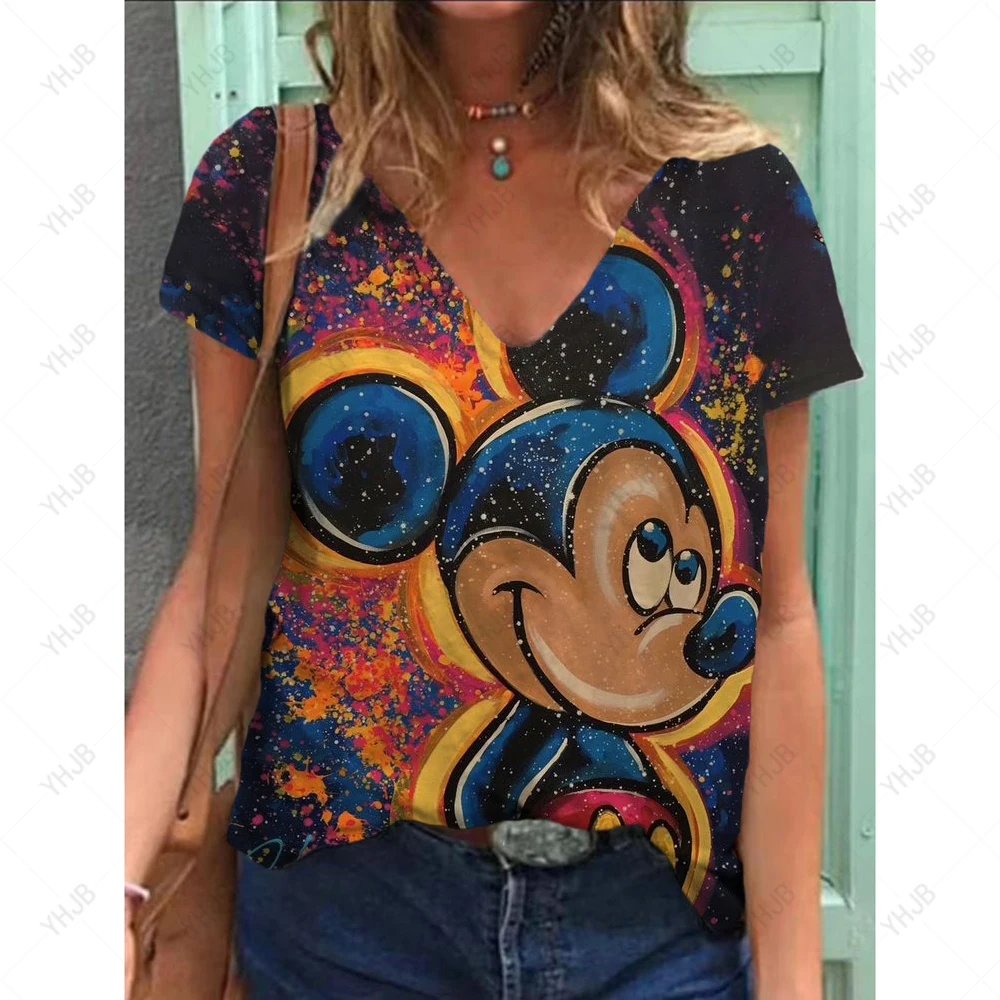 

women's casual short-sleeved V neck casual T-shirt summer tops 2023 new fashion Disney Mickey Mouse ladies printed vintage tops