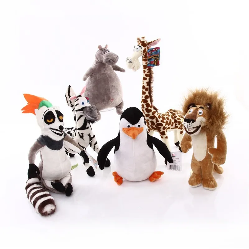 

6 pcs/set Animation Film Madagascar Plush Toys Cartoon Lion Giraffe Penguin Zebra Hippo Lemur Dolls Kids Baby Birthday Gifts