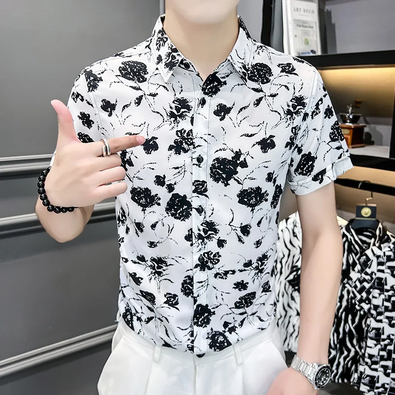 Vintage Flower Shirts Men Summer Short Sleeve Slim Casual Shirt Business Formal Dress Shirts Social Tuxedo Blouse Men Clothing