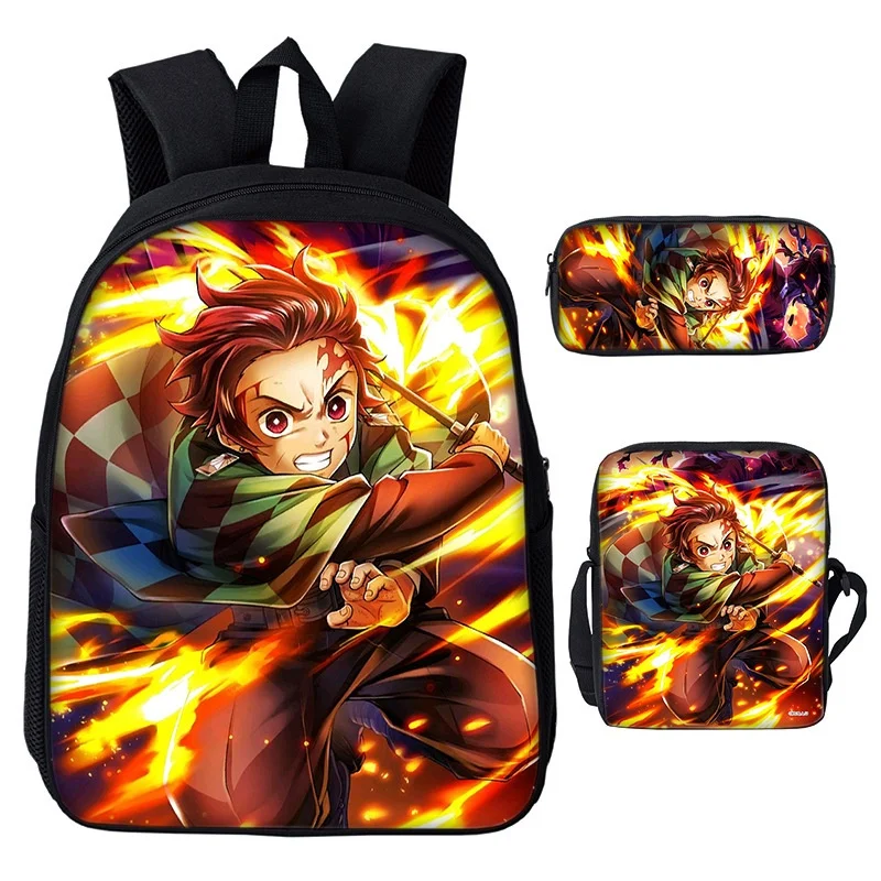 Girls Boys Anime Backpacks 3 Piece Demon Slayer Nezuko Tanjirou Children Fashion Shoulder Bags New Kids Cute Pen Bag All-match
