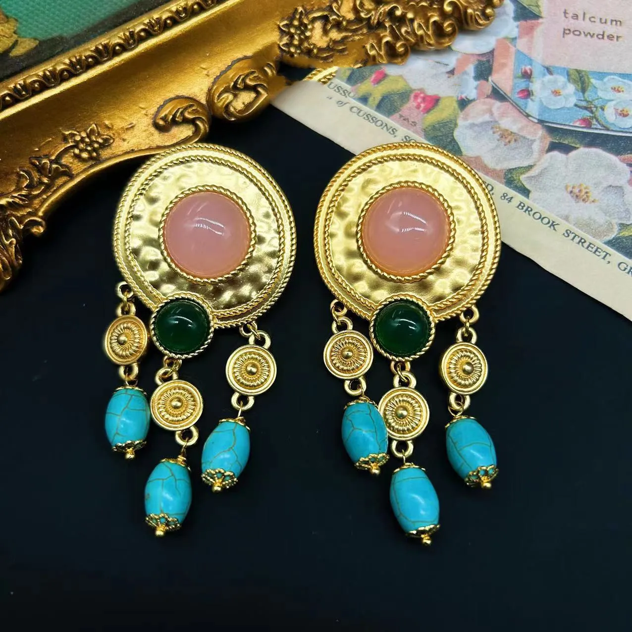 

Vintage Tassel Stone Pattern Antique Pink Crystal Stone Palace Style Earrings