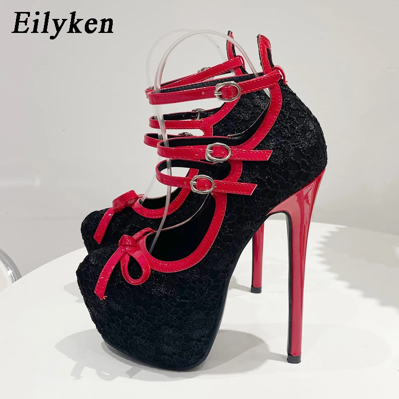 

Eilyken/Новые модные женские туфли-лодочки на платформе с узкими ремешками и пряжкой; Пикантные Вечерние туфли на очень высоком каблуке 16 см; Же...