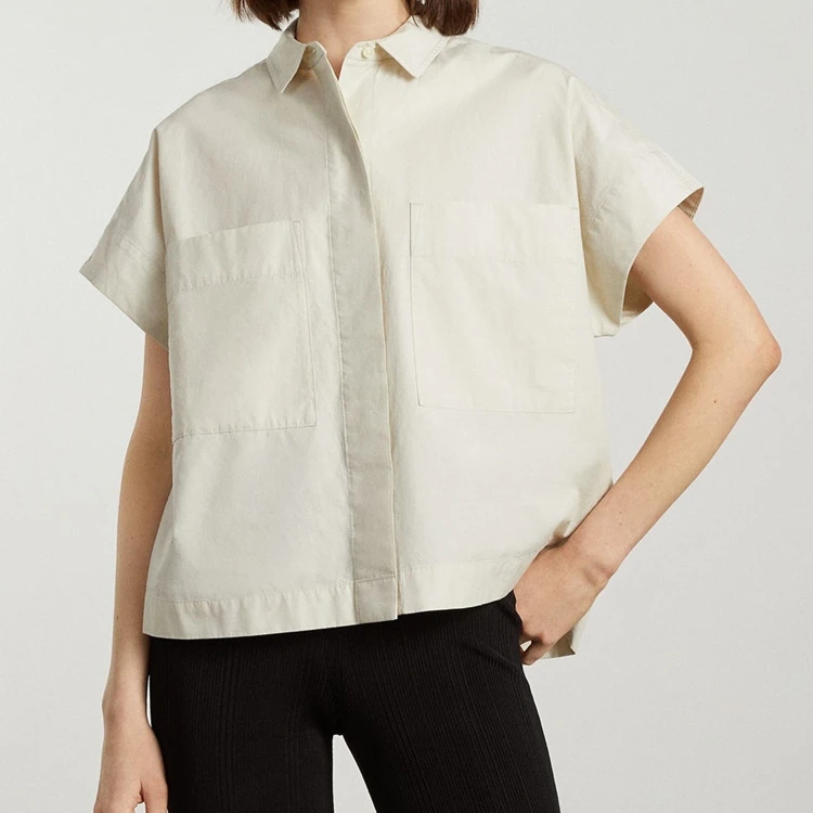 

Women Simple cotton Blouse Chemise Turn-down Collar RPockets Female Short Sleeve Shirt tops 2022 Summer new