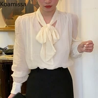 koamissa 2022 elegant womens blouses v neck bow lace up office ladies shirts top casual long sleeve white blusas spring autumn