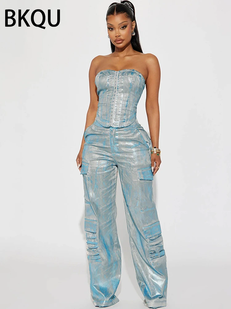 

BKQU металлические прямые широкие джинсы, женские свободные мешковатые брюки-карго с большими карманами и высокой талией, американские джинсовые брюки большого размера Y2K